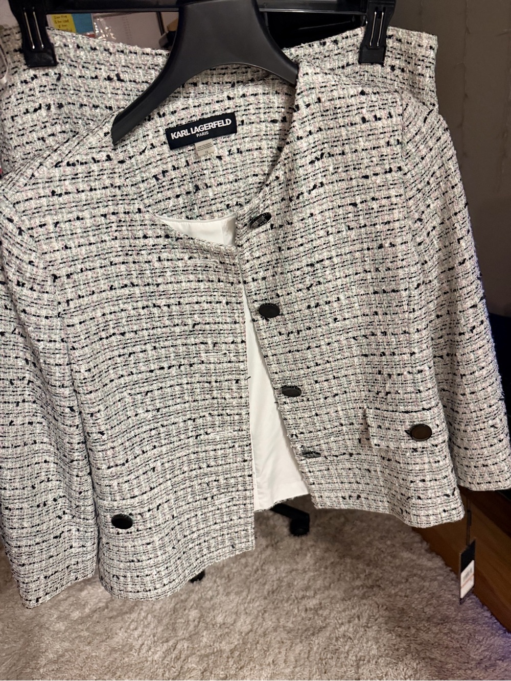 Karl Lagerfeld Cream and Black Tweed Boxy Suit Jacket